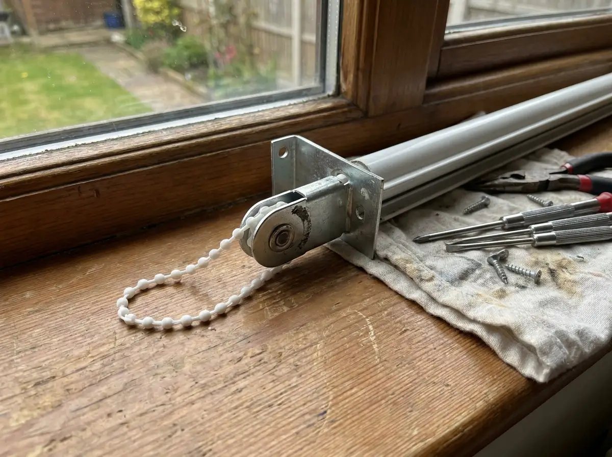 Close detail of a roller blind's chain tensioner and bracket mechanism — repairs and restringing in Illovo