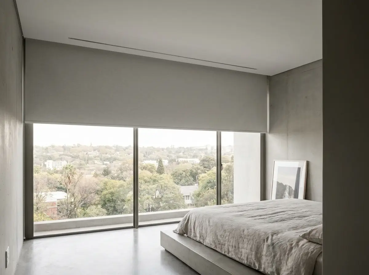 Concealed ceiling-recessed blind partially lowered from a slim ceiling slot above a bedroom window in an Illovo apartment