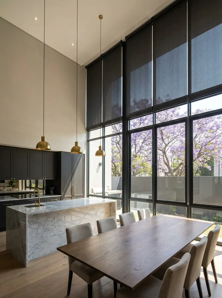 Motorised sunscreen blinds partially raised on a floor-to-ceiling glass wall in an Illovo double-volume kitchen and dining area