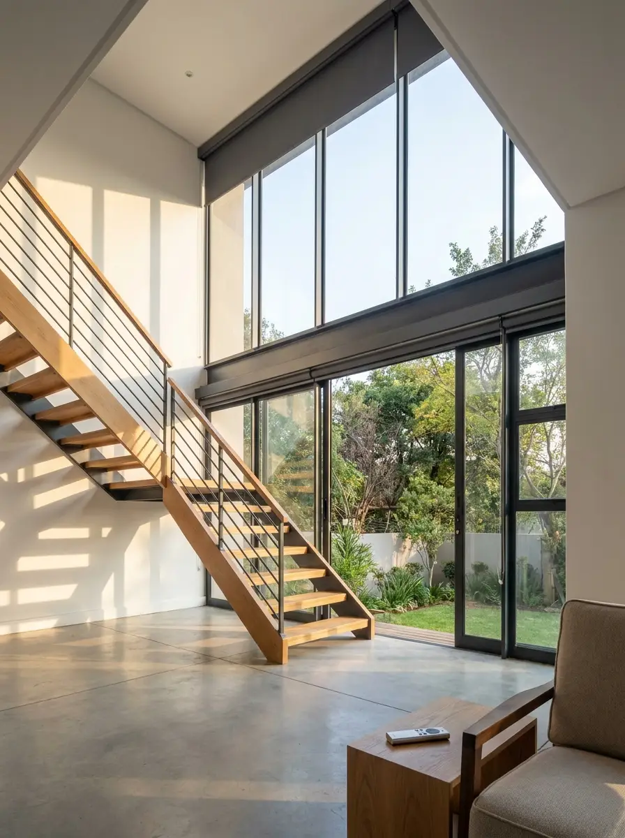 Tall motorised blinds fully raised on a double-volume stairwell wall of glass in an Illovo home, morning light across the staircase