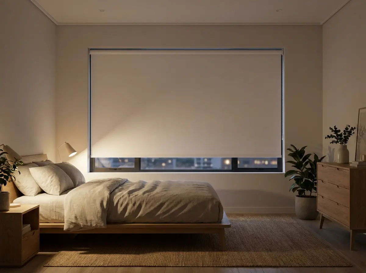 Bone-white blockout roller blind fully lowered over a bedroom window at dusk, warm lamplight glow inside
