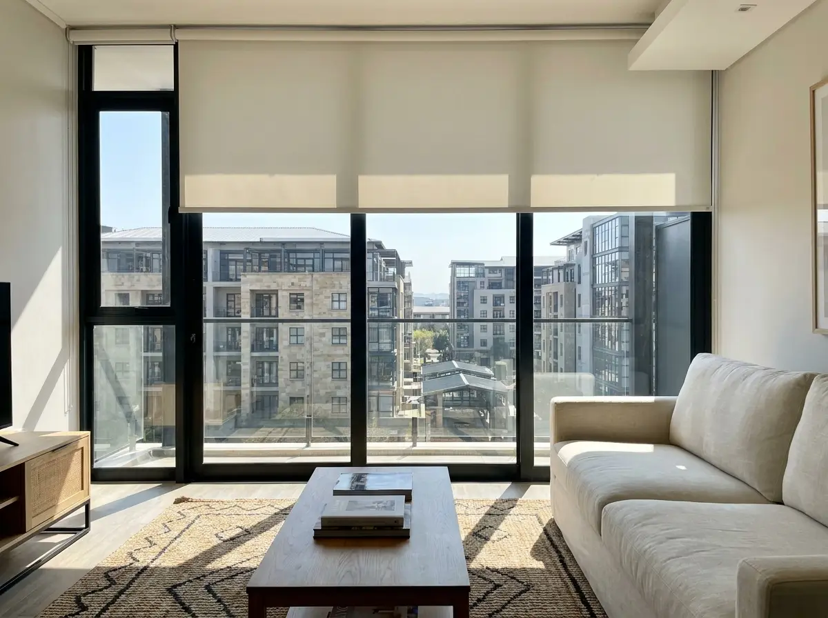 Bone-white blockout roller blind in a Melrose Arch precinct-facing living area, the finish specified most often for Melrose's newer blocks