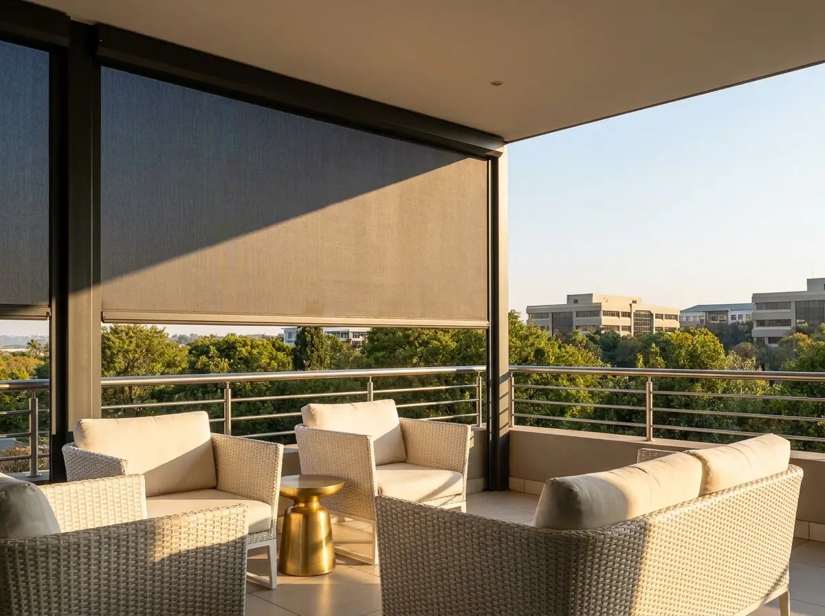Sunscreen roller screen shading an apartment balcony over a leafy view of low-rise blocks, typical of Sandown's newer developments